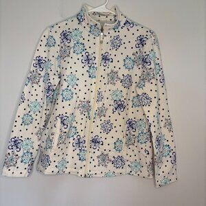 TALBOTS Petite Small Full Zip Stretch Sweatshirt Mock Neck Ivory Navy Teal